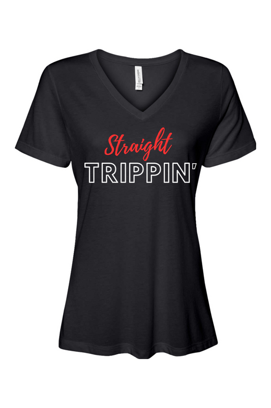 Straight Trippin' - Red/White Font Women’s V-Neck Short Sleeve Shirt