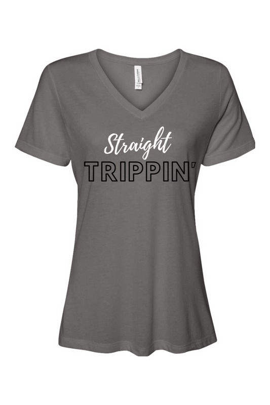 Straight Trippin' - White/Black Font Women’s V-Neck Short Sleeve Shirt